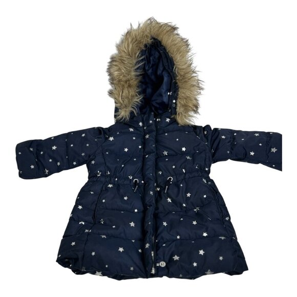 Baby Gap 2 Years Toddler Navy Puffer Removable Hooded Jacket w/ Silver Stars - Picture 3 of 9